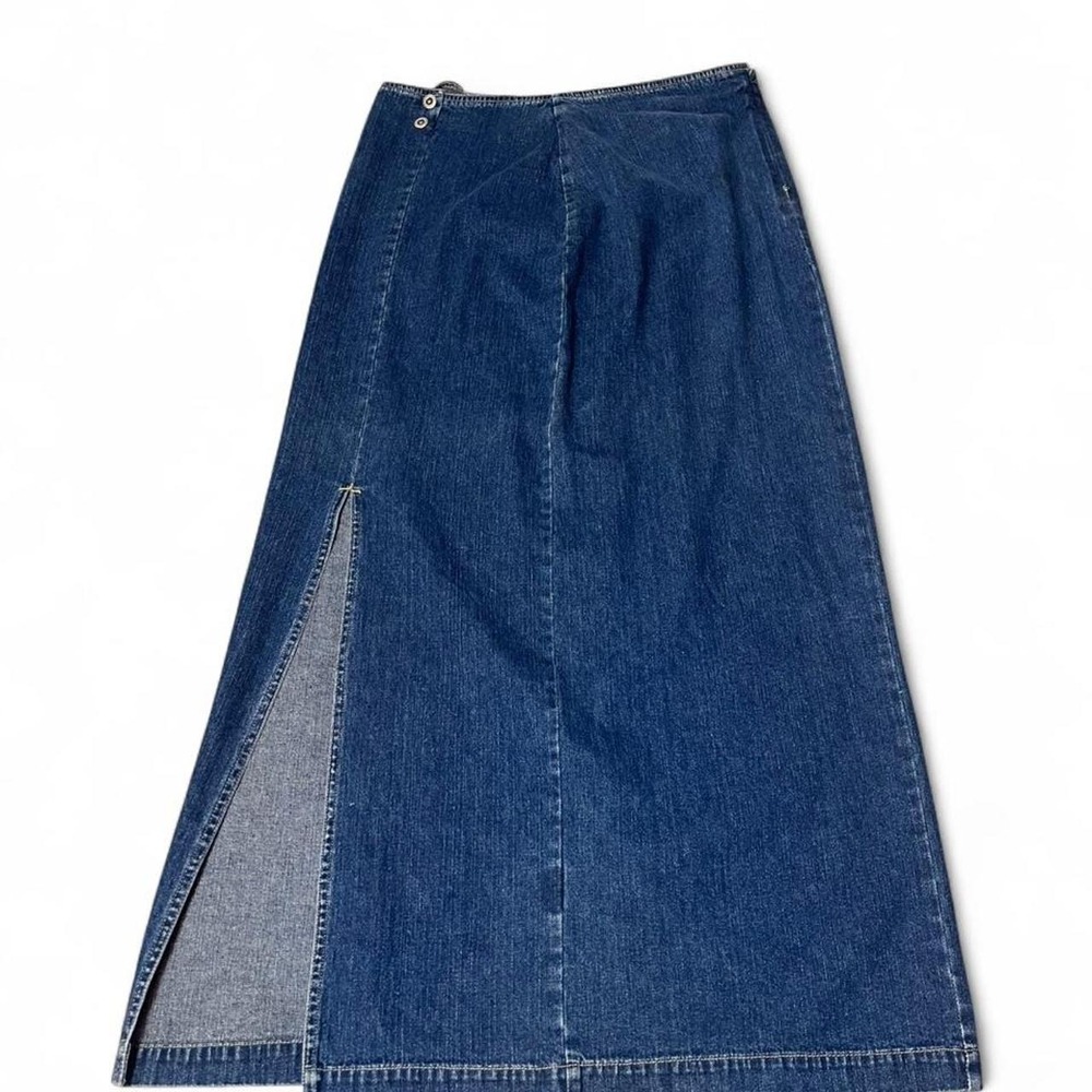 vintage dark blue denim maxi skirt with slit